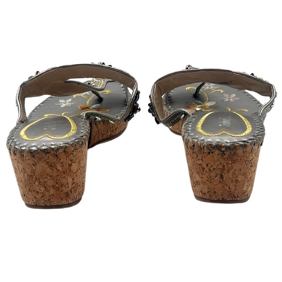 John Fashion Silver Embroidered Beaded Floral Boho Cork Wedge Sandals Size 8 - Picture 7 of 11